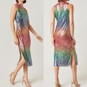 Francesca's Studio 19 Rainbow Sequin Mock Neck Shift Midi Dress L